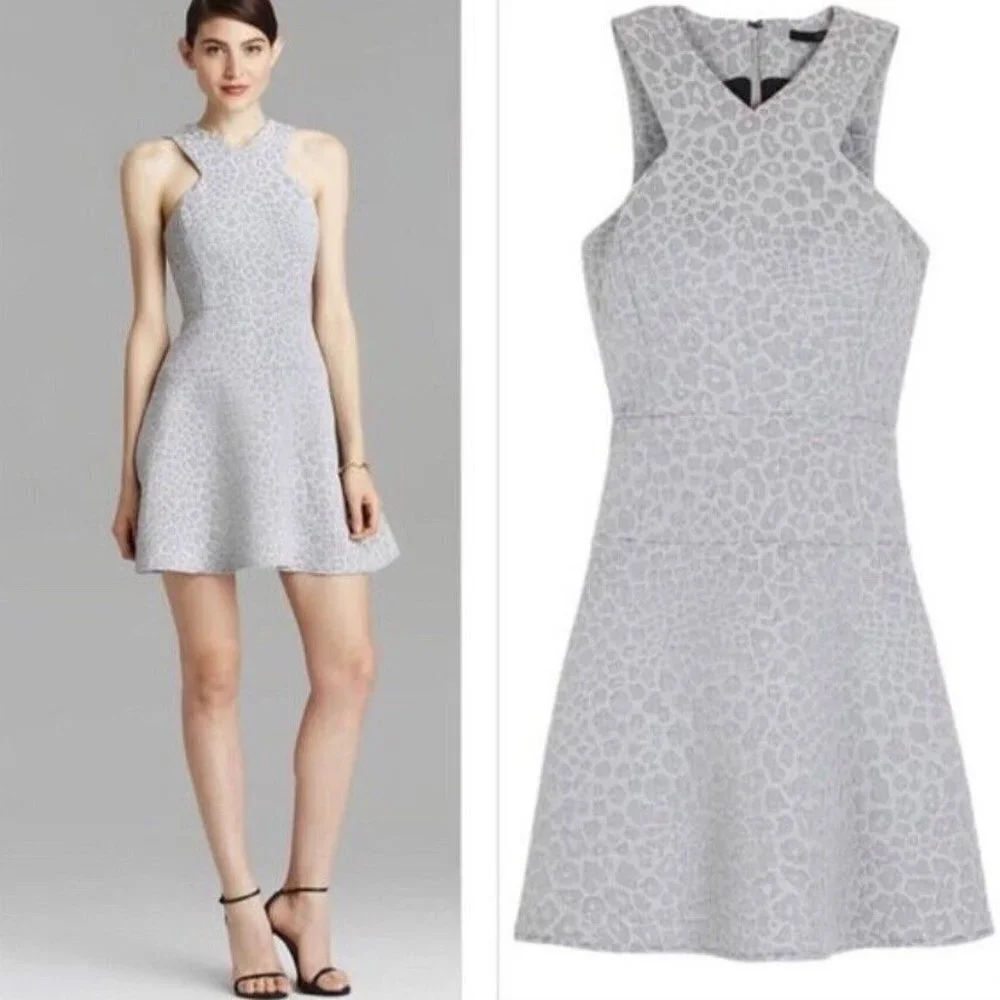 Tibi Animal Print Jacquard Mini Dress, Silver Rime Gray, Sleeveless, Sz 0 NWOT
